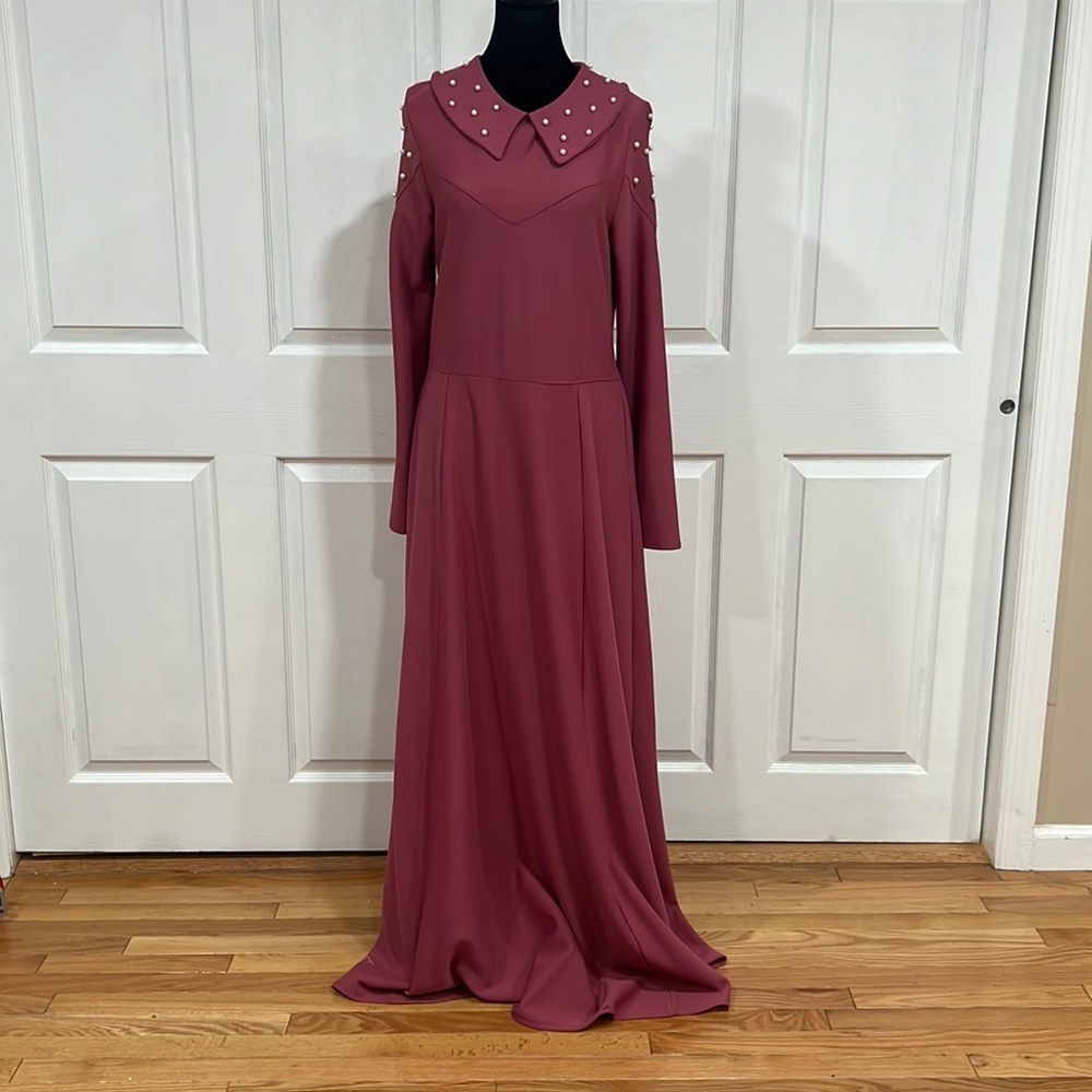 Long Sleeve Maxi Dress with Pearl-Trim Collar in Dusty Rose